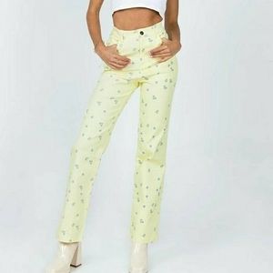 Princess Polly Pants Yellow Blue Floral High Waist Denim Size 2